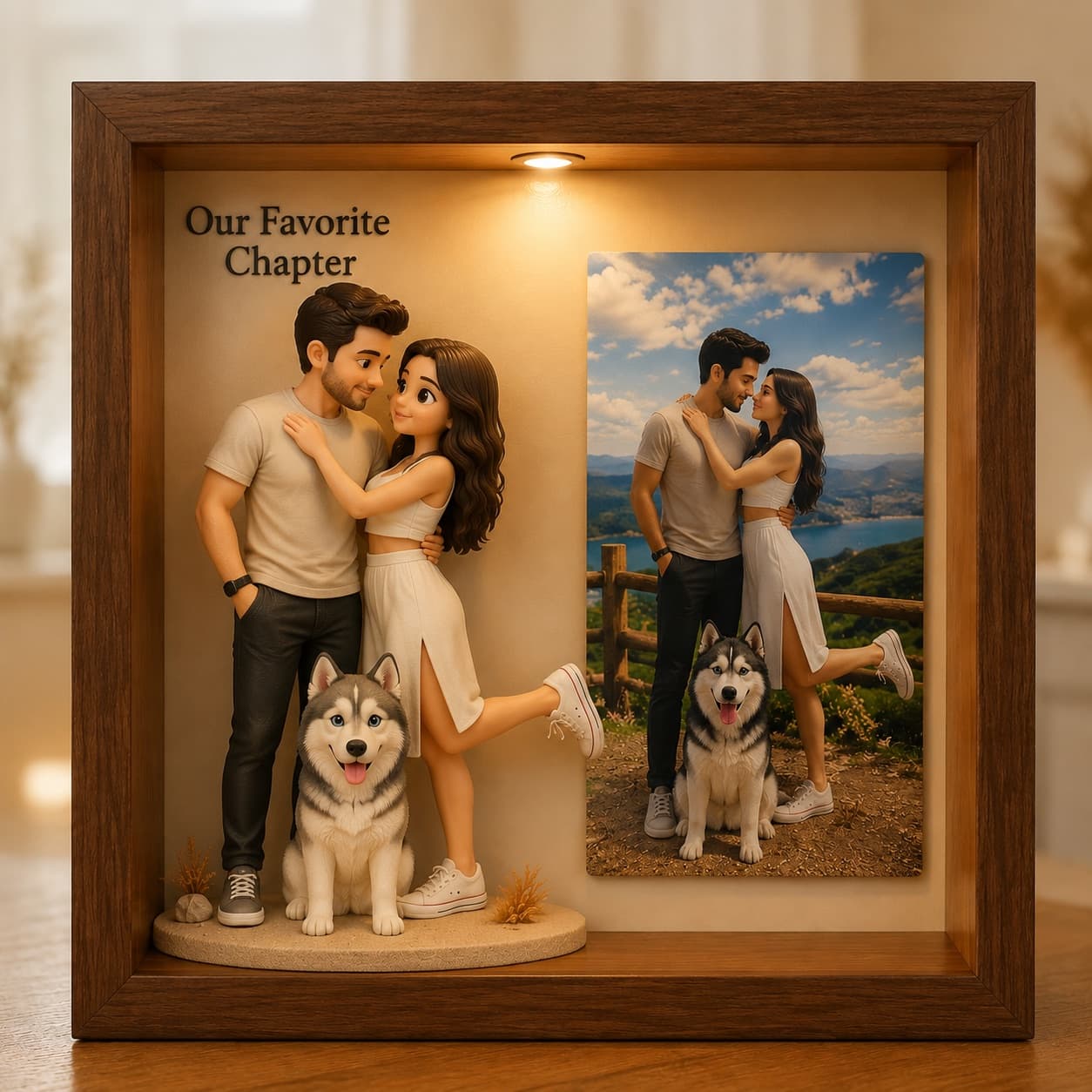 AI-generated travel sample of a couple and their husky in the mountains