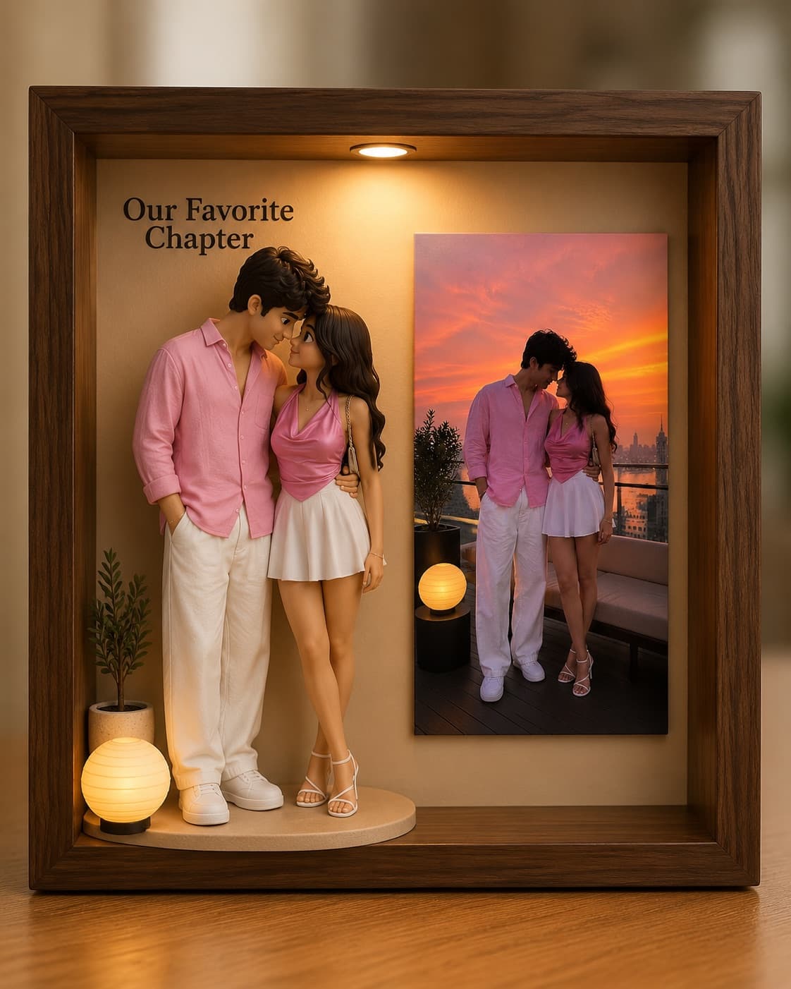 AI-generated sample of a walnut keepsake frame with a couple wearing pink at sunset