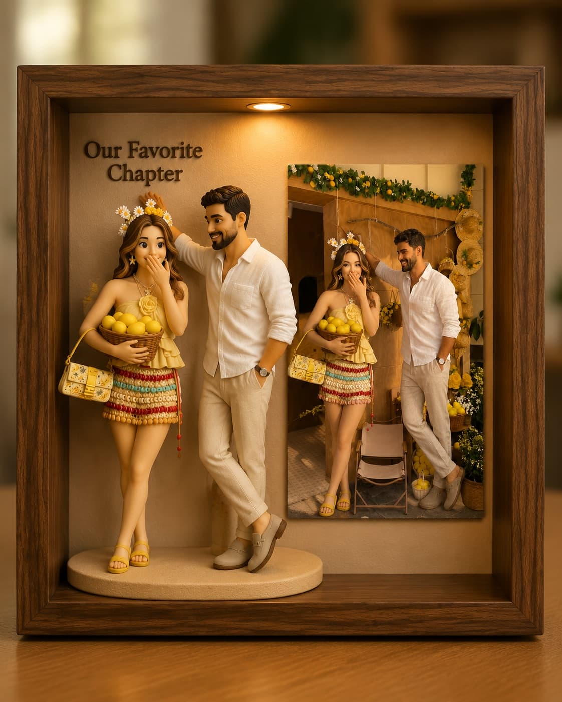 AI-generated sample of a walnut keepsake frame with a couple at a colorful market