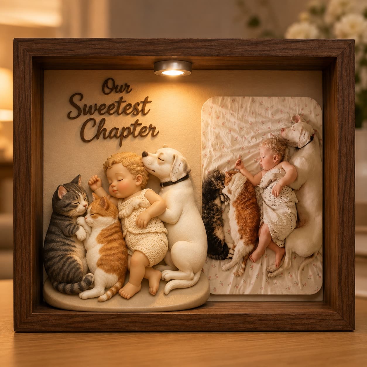 AI-generated sample design of a sleeping baby surrounded by family pets