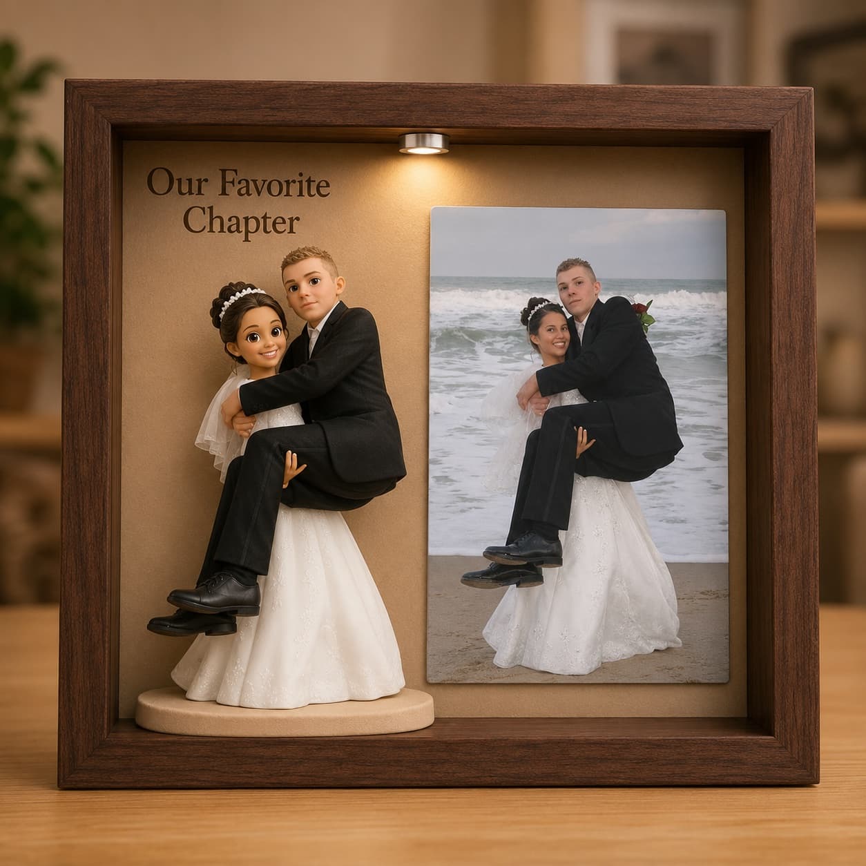 AI-generated sample design of a playful wedding couple on the beach
