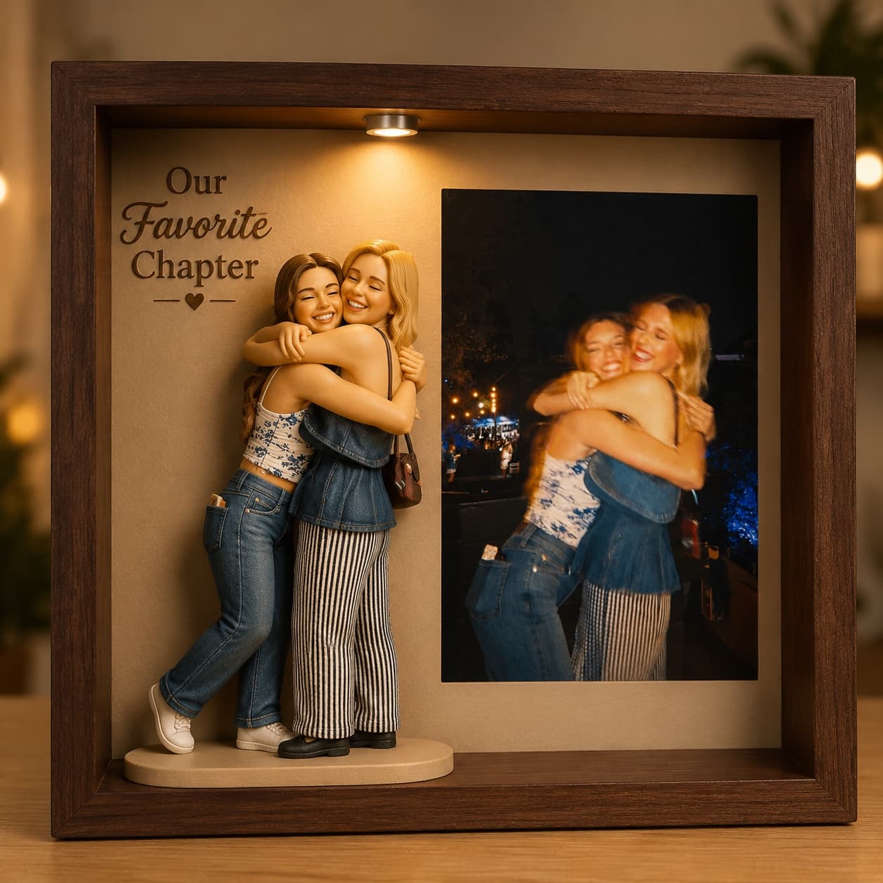 AI-generated sample design of two friends embracing on a night out