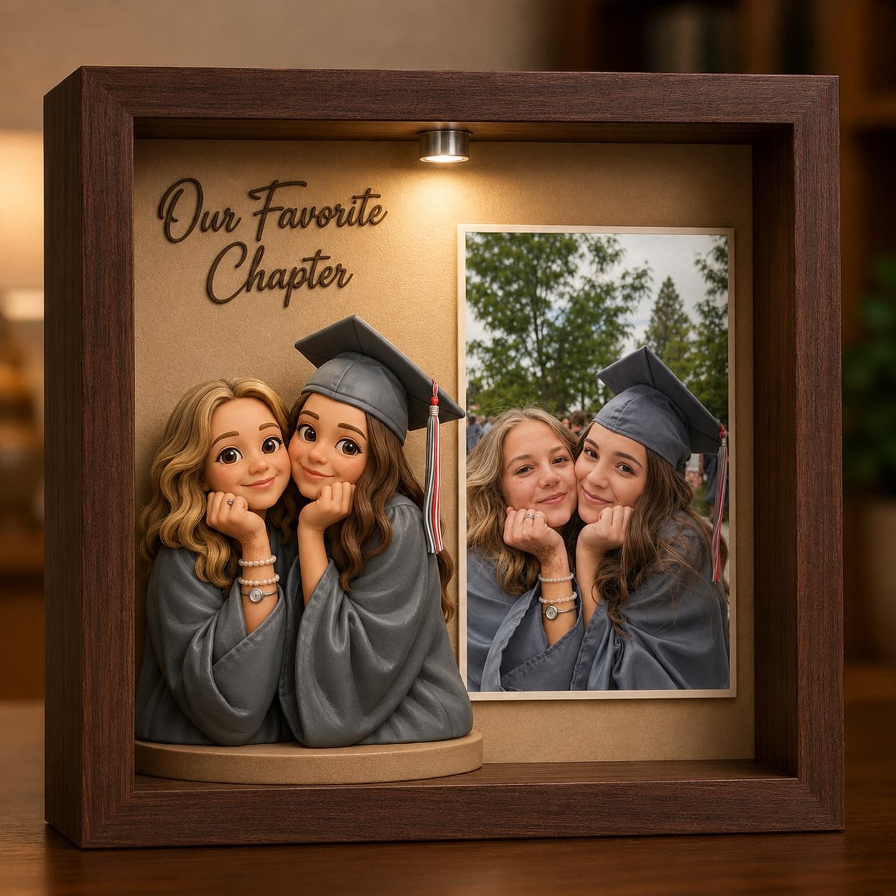 AI-generated sample design of two friends celebrating graduation