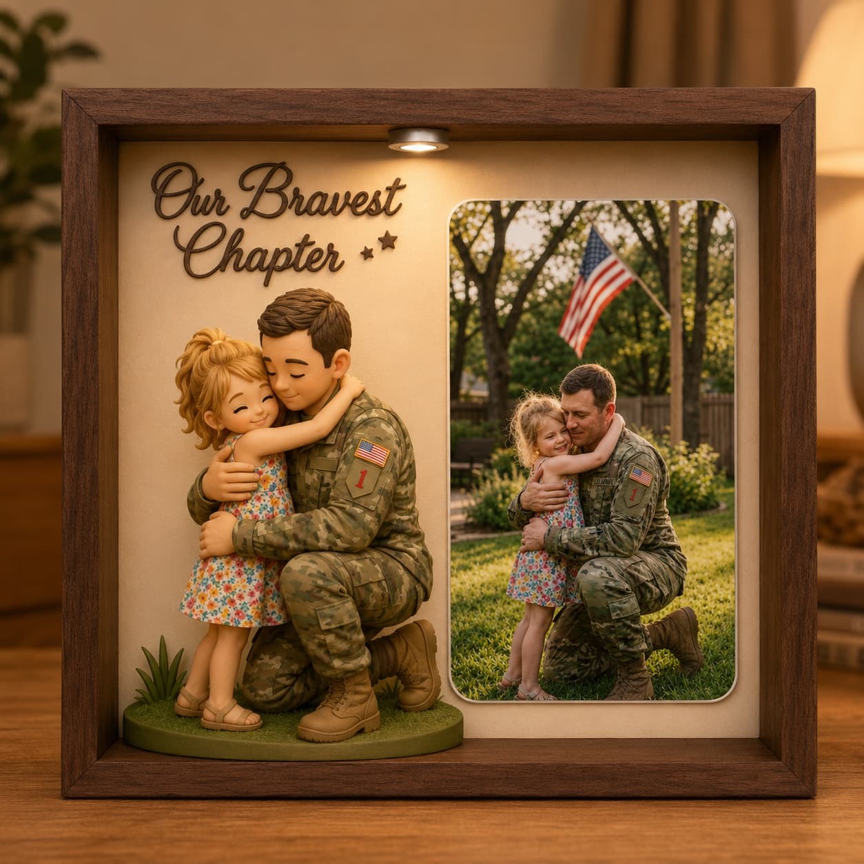 AI-generated sample design of a military father embracing his daughter