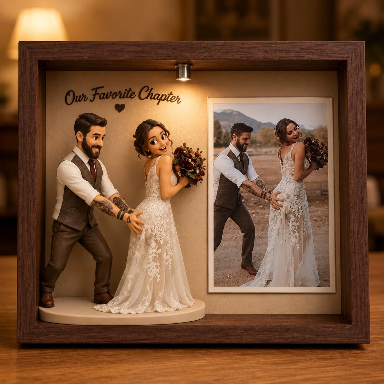AI-generated sample design of a newlywed couple sharing a playful pose