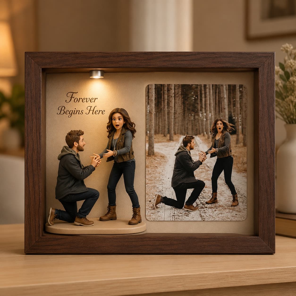 AI-generated sample design of a snowy proposal keepsake frame