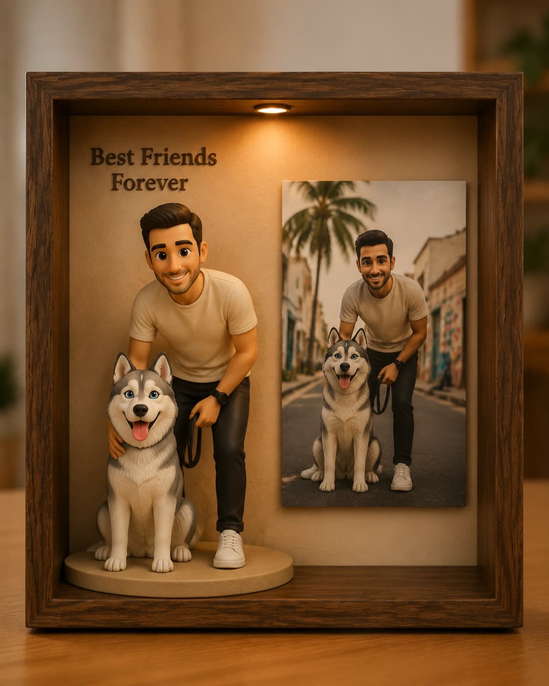 AI-generated sample of a walnut keepsake frame with a man and his husky