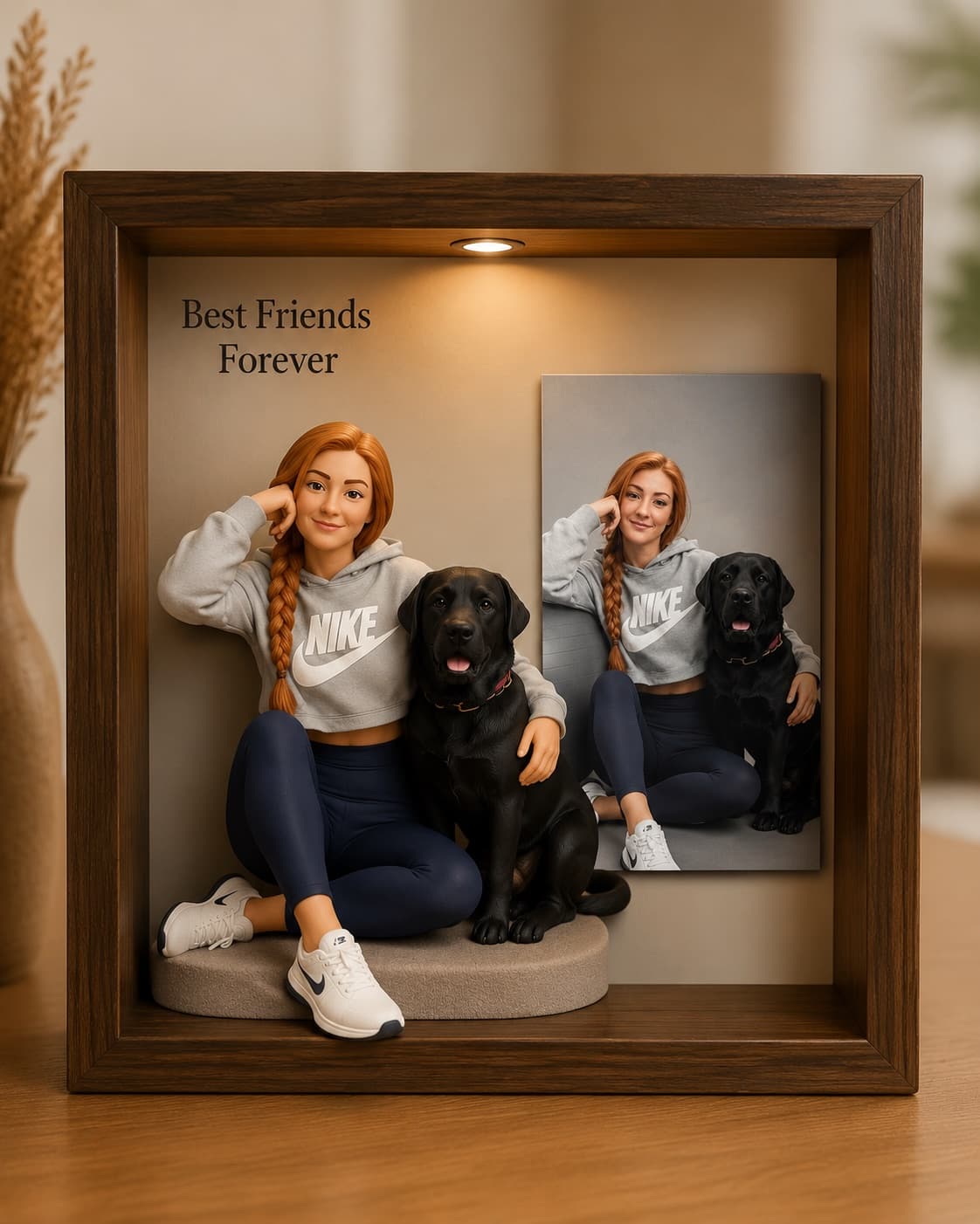 AI-generated sample of a walnut keepsake frame with a woman and her black Labrador
