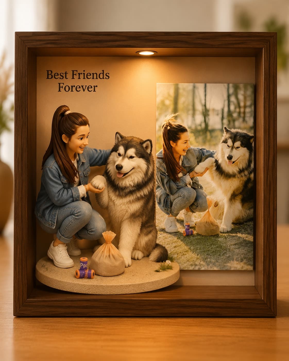 AI-generated sample of a walnut keepsake frame with a woman playing with her malamute