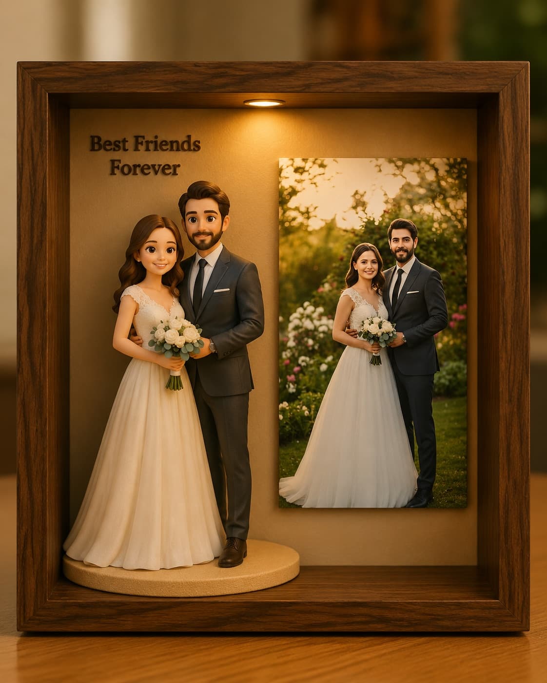 AI-generated sample of a walnut keepsake frame with a garden wedding portrait