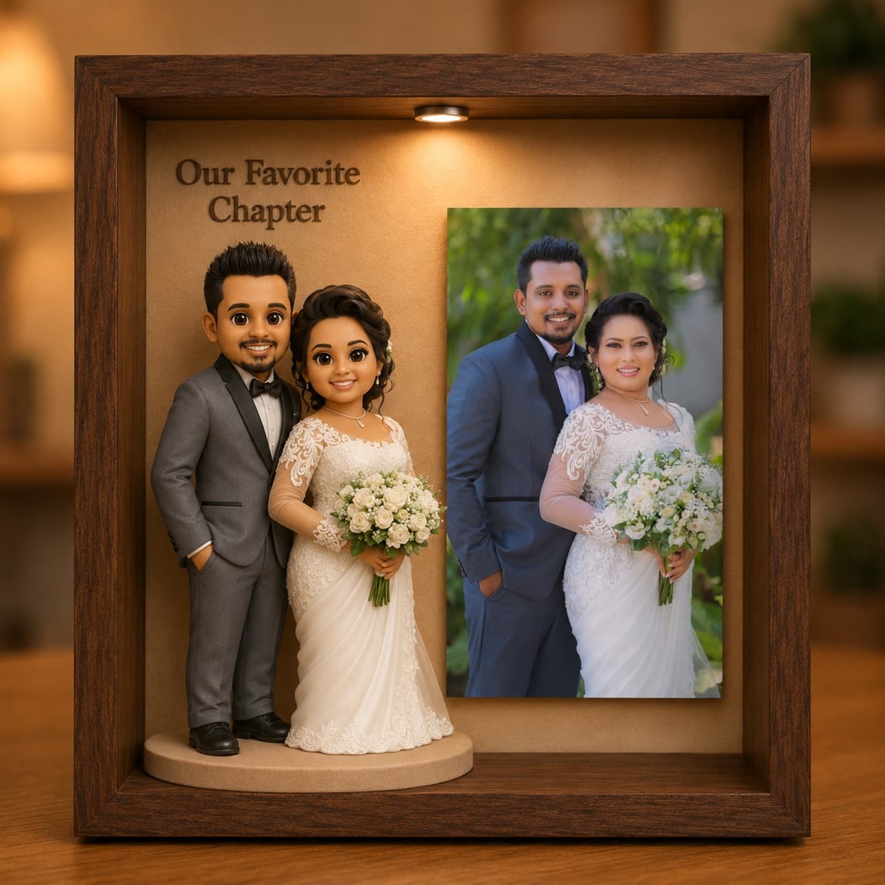 AI-generated sample of a walnut keepsake frame with a formal wedding portrait