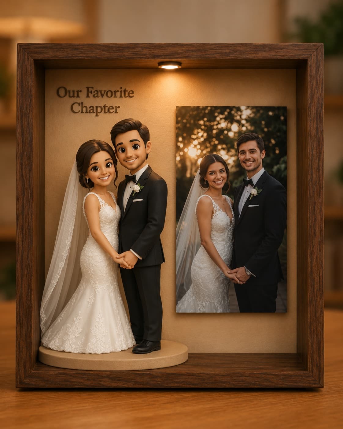AI-generated sample of a walnut wedding keepsake frame with bride and groom